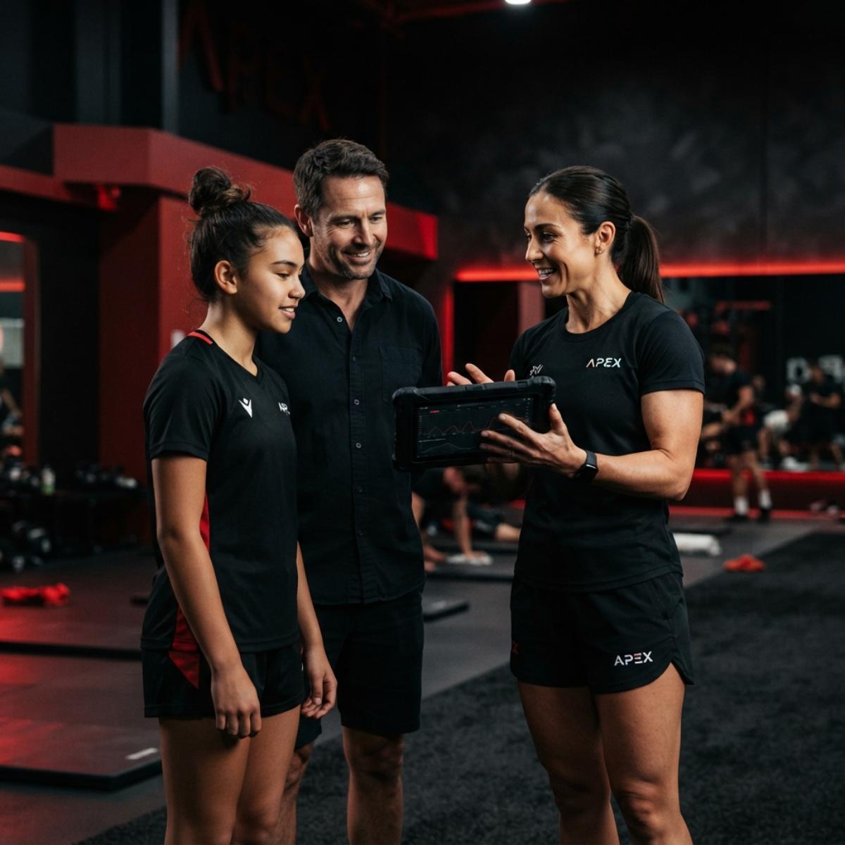 Apex coach providing a family with an athlete progress update