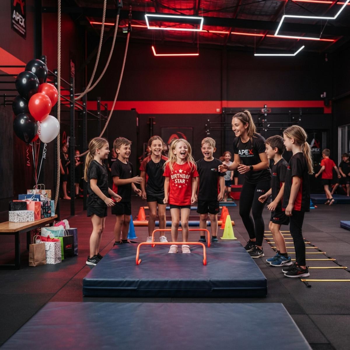 Active birthday party celebration with supervised movement activities at Apex