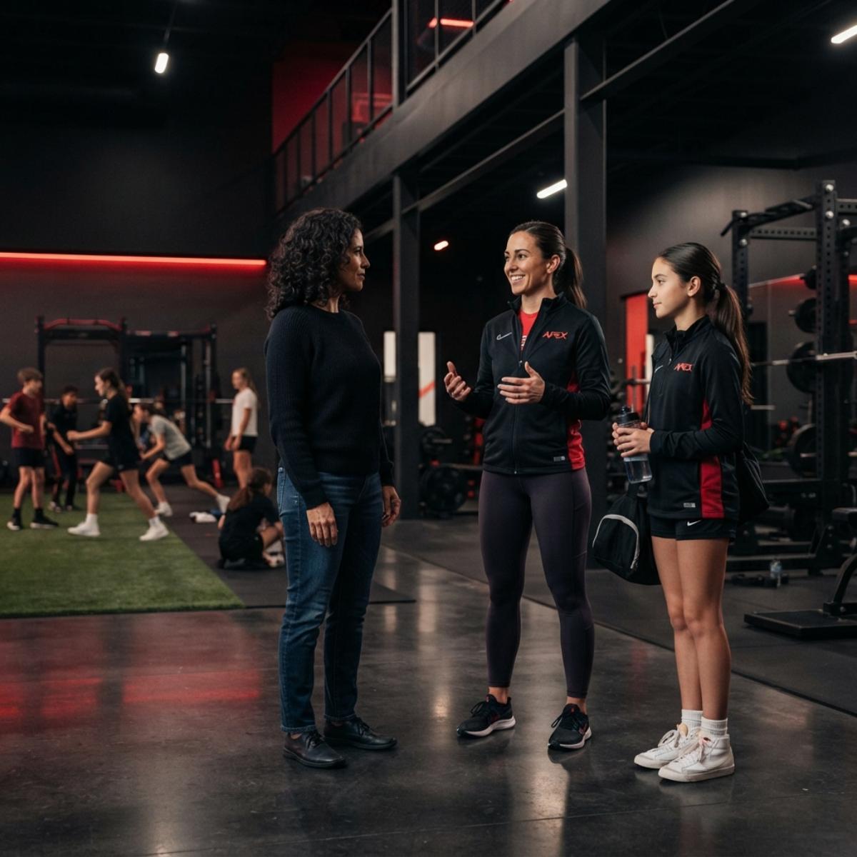 Parent speaking openly with an Apex coach about athlete support