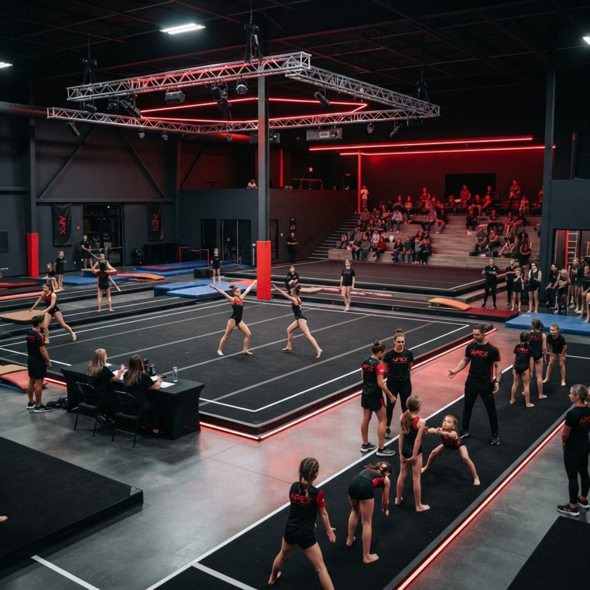 Large-scale Apex gymsports competition with athletes, coaches and spectators